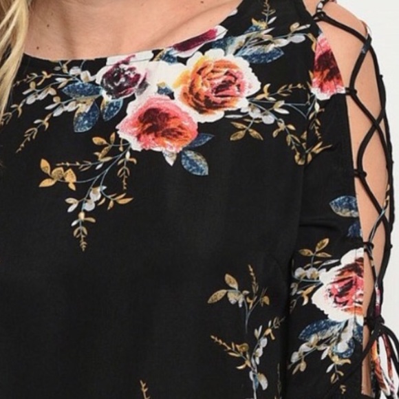 ❌DONATED❌Black Floral Print Lace Up Bell Sleeve Top - Picture 2 of 10